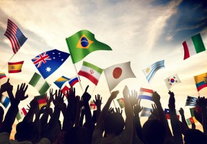 Group of People Waving Flags in World Cup Theme