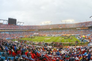 MIAMI - FEB 4: People gather for Super Bowl XLI between the Indi