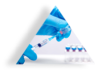 Scientist hand in blue gloves holding coronavirus, covid-19 vaccine disease, preparing for human clinical trials vaccination shot  Medicine and drug concept   